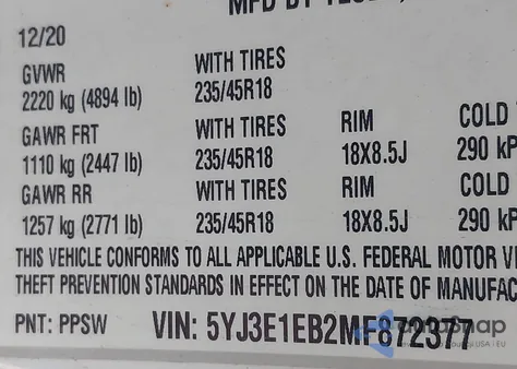 2021 Tesla Model 3 Long Range Dual Motor All-Wheel Drive z USA, uszkodzony, nr VIN 5YJ3E1EB2MF872377